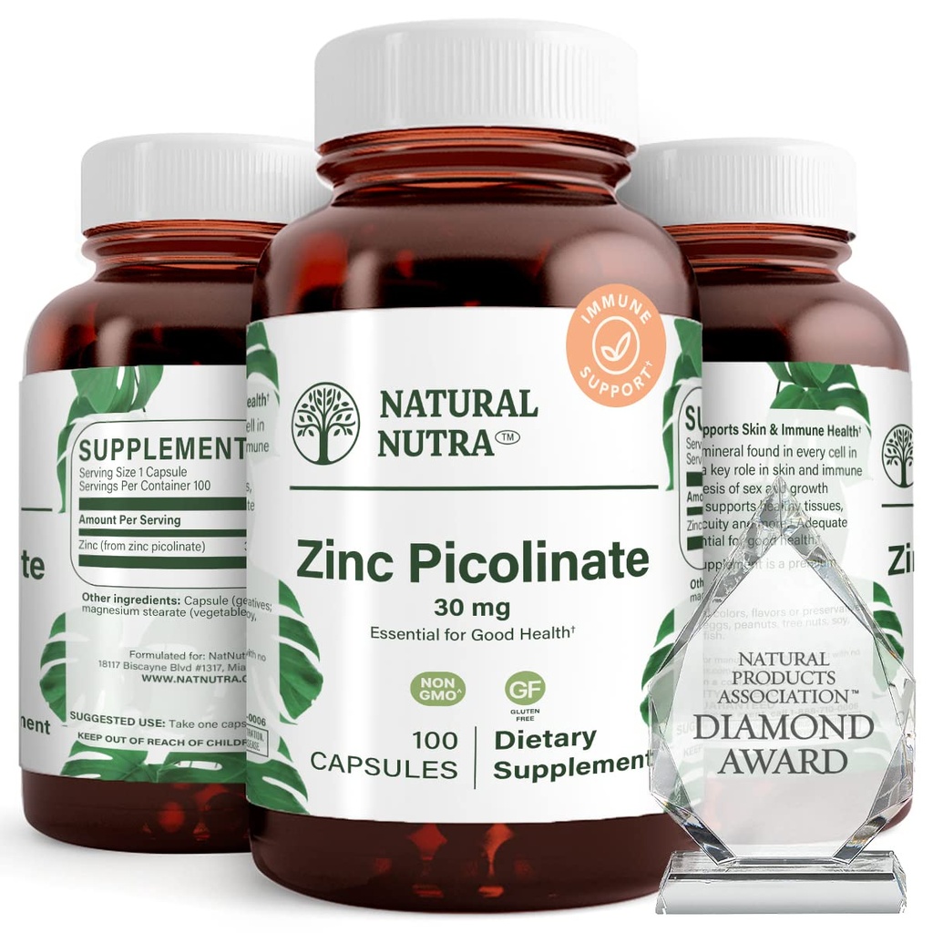 Naturlig Nutra Zink Picolinate 30 mg, Double Strength, Raw and Pure, Meget biotilgængelig Supplement for vækst og immunforsvar, Hjælper fremme hud sundhed, Hjælper support Metabolic System 100 kapsler