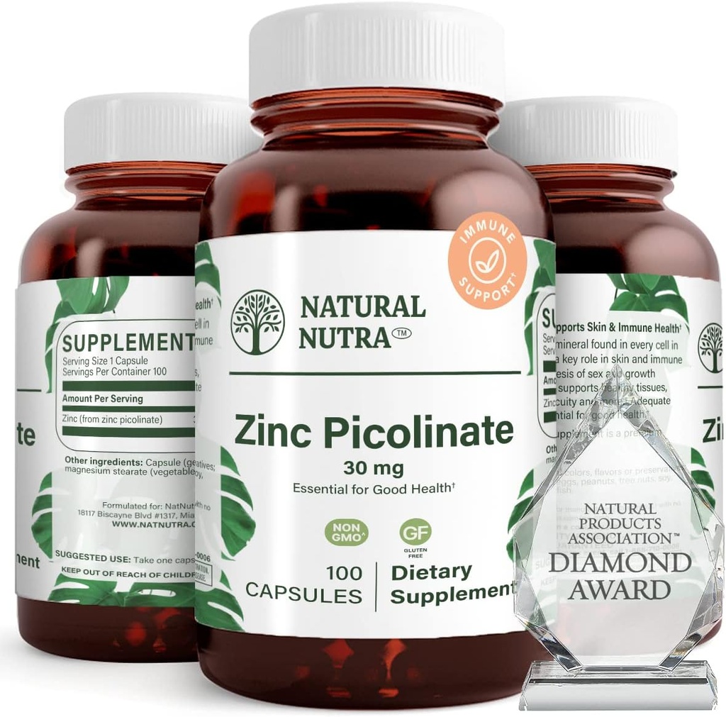Naturlig Nutra Zink Picolinate 30 mg, Double Strength, Raw and Pure, Meget biotilgængelig Supplement for vækst og immunforsvar, Hjælper fremme hud sundhed, Hjælper support Metabolic System 100 kapsler
