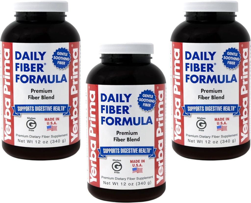 Yerba Prima Daily Fiber Formel 12 oz (3 Pack) - Opløselig & Uopløselig Dietary Fiber Supplement - Colon Health - Vegan, Non- GMO, Gluten- Free