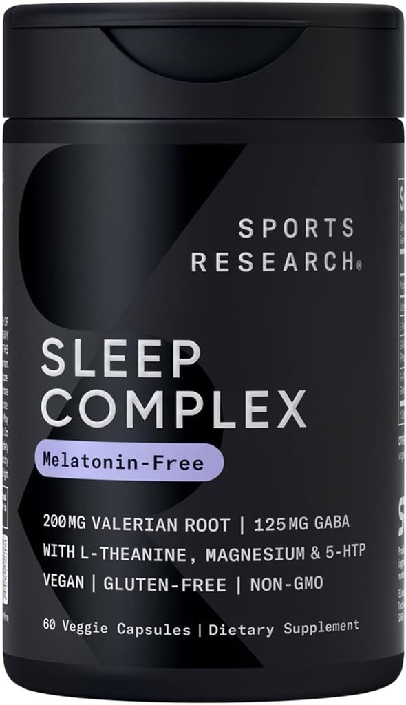 Sport Research ® Sleep Complex - Melatonin- Gratis Veganske Kapsler - med Valerian Root, GABA, L-Theanine, Magnesium & 5-HTP - 30 Serveringer