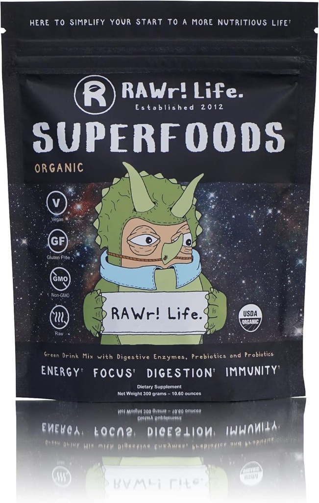 Rawr! Superfoods - w fordøjelige enzymer Probiotika & Prebiotika Green Drink Powder - Certificeret Organic - Oprettet af Pro Skateboarder John Motta & Pro BMXer / Sjælden Frugtdyrker Joey Motta