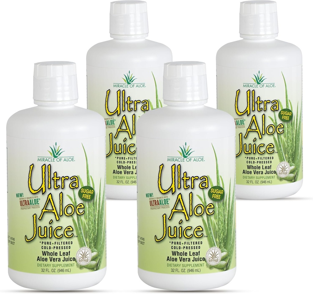 Miracle of Aloe Ultra Aloe Vera Juice, 1 Qt. 4 Pack, Whole Leaf, Pure, Filtered, Certified for Content and Purity (Gallon)