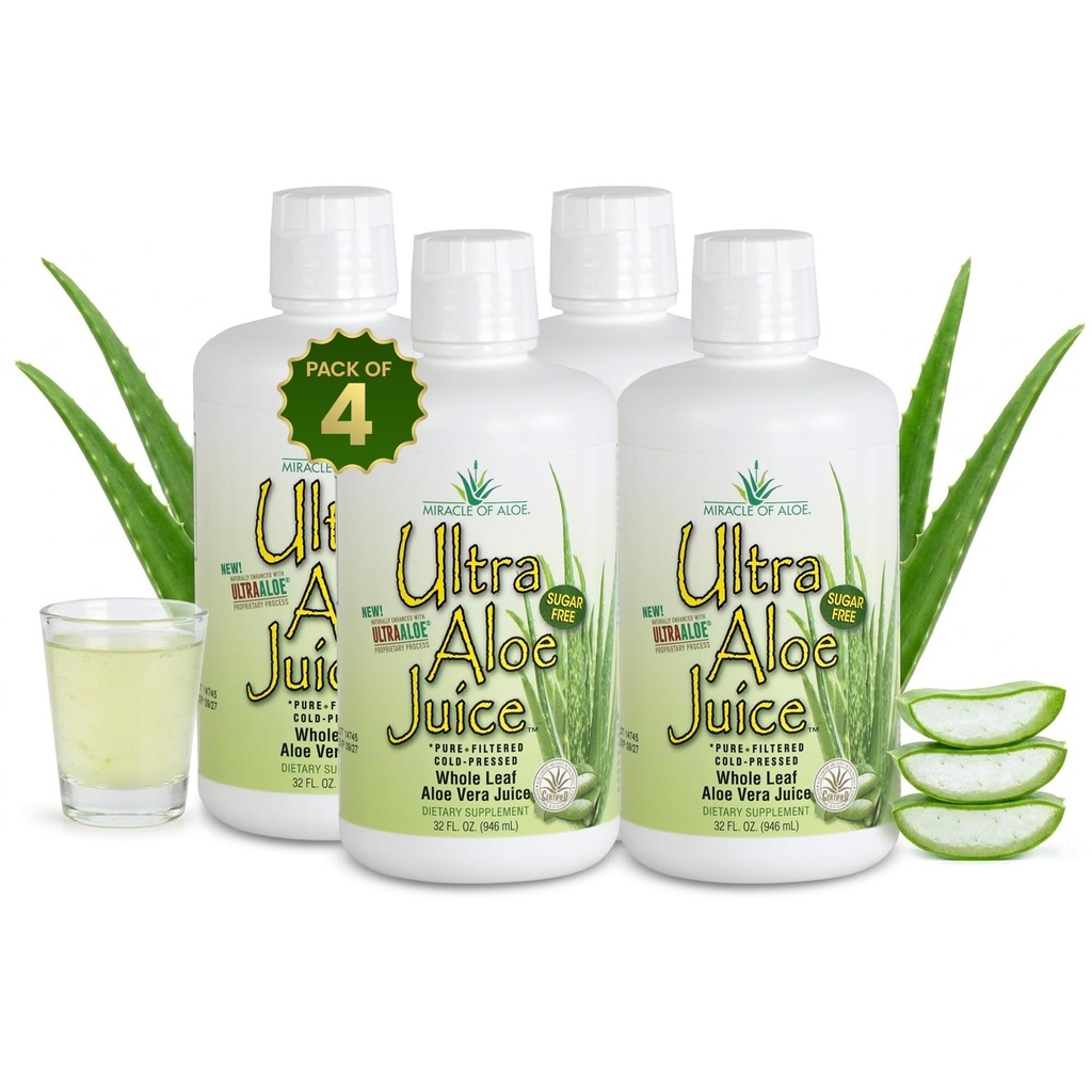 Miracle of Aloe Ultra Aloe Vera Juice, 1 Qt. 4 Pack, Whole Leaf, Pure, Filtreret, Certificeret til indhold og renhed (Gallon)