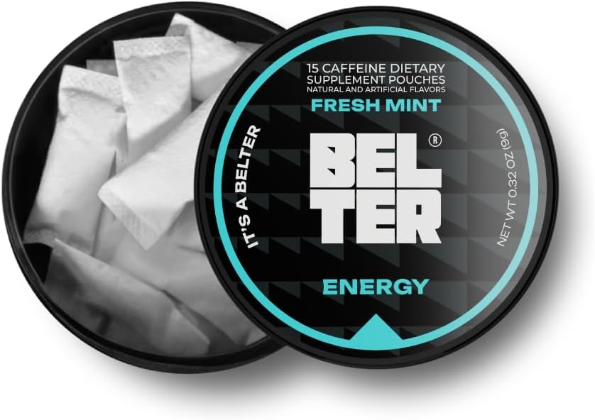 BELTER - Fresh Mint - Koffein Pouches - 15 Greve - Fastvirkende - Zero- Calorie Energy Boost - 96mg Koffein Per Pouch - Ideel til sport, Gym, Gaming, & Arbejde