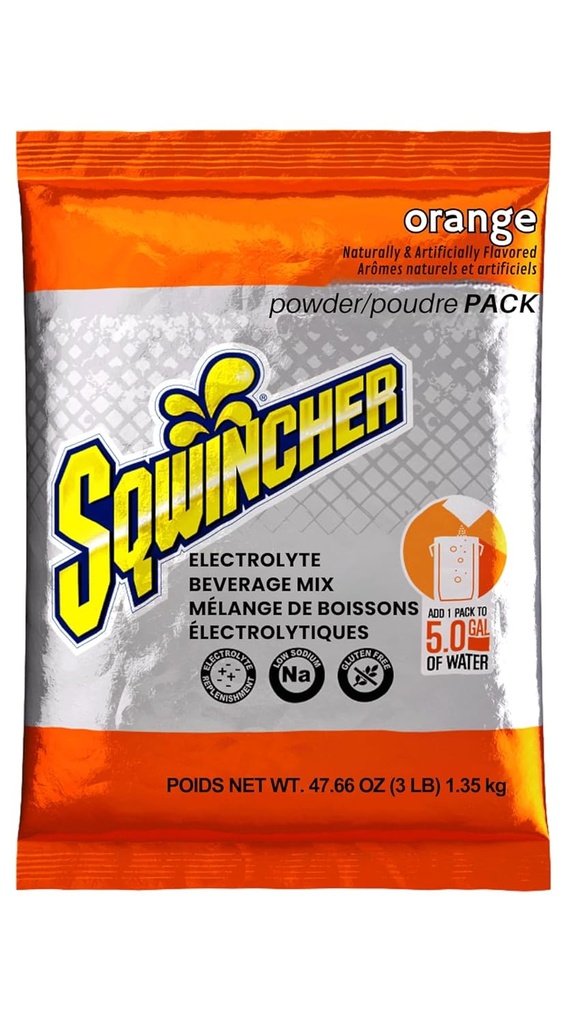 Sqwincher Powder Pack| Orange Flavored | Low Calorie | Low Sodium | Electrolyte Replenishment Hydration Drink Mix | Just Add to 5 Gallons of Water | 47.66 oz packet (pack of 16)