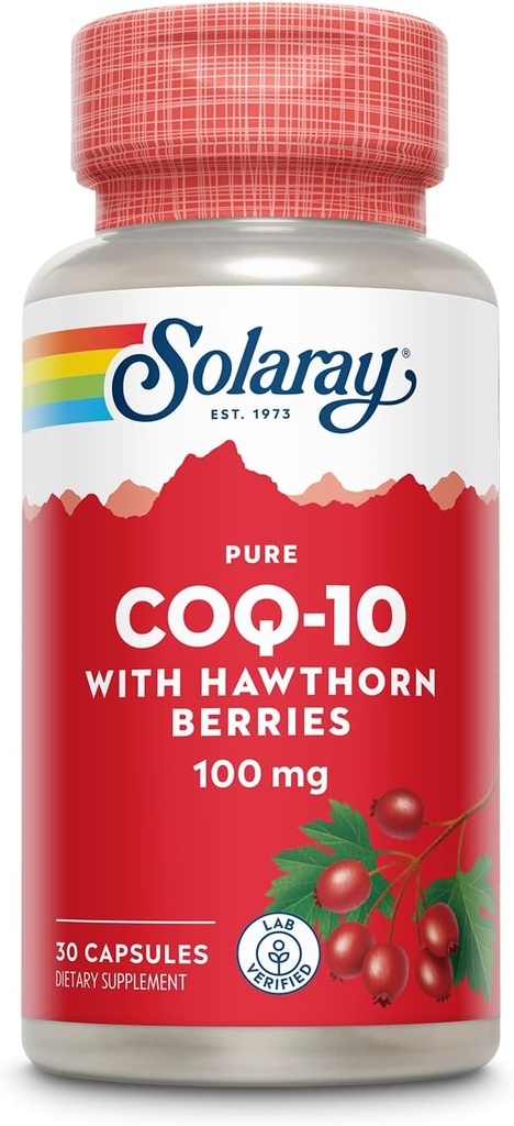 Solaray Pure CoQ10 100mg med Hawthorn Berry, Antioxidant Formel med CoEnzyme Q10 og E-vitamin til Cellular Energy and Heart Health Support, Lab Verified, 60 dages garanti, 30 Servering, 30 kapsler