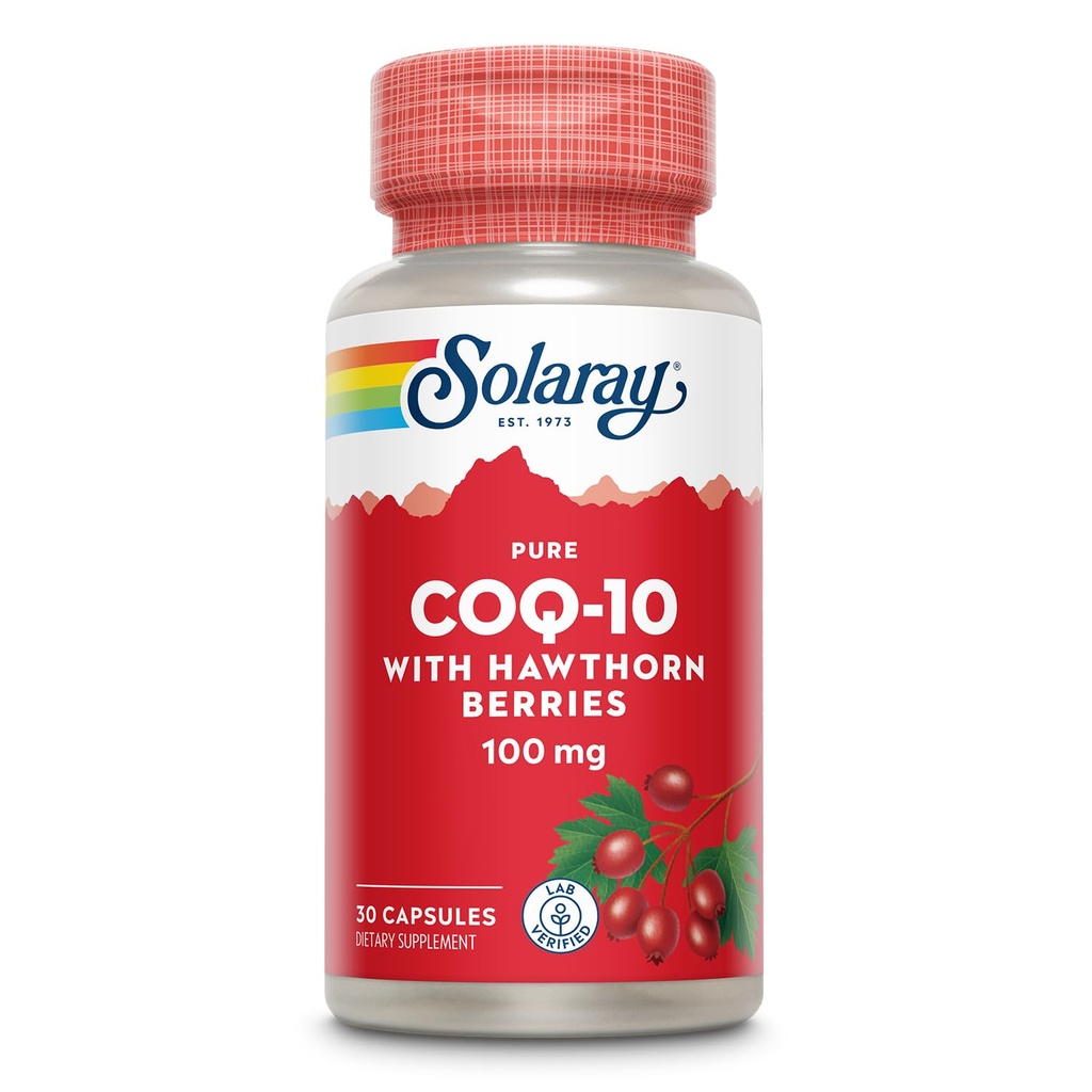 Solaray Pure CoQ10 100mg med Hawthorn Berry, Antioxidant Formel med CoEnzyme Q10 og E-vitamin til Cellular Energy and Heart Health Support, Lab Verified, 60 dages garanti, 30 Servering, 30 kapsler