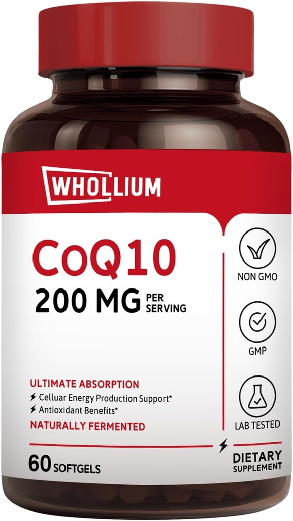 CoQ10 200mg Per Servering, Ekstra Virgin Olivenolie, Ultra Absorption, naturligt gæret, Coenzym Q10 supplement, Energiproduktion, Sund Hjerte, Anti- Aging, 60 Softgels