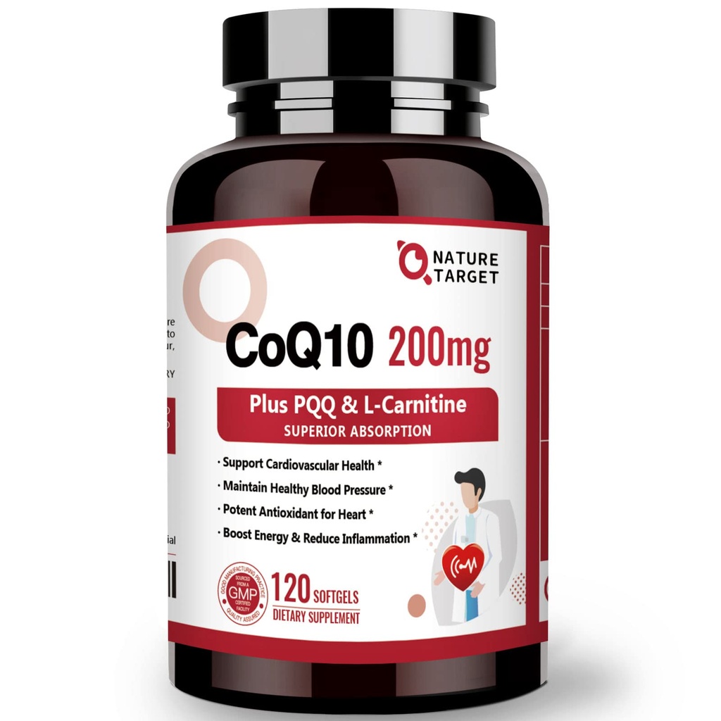 NATUR TARGET CoQ10- 200mg med PQQ L- Carnitin & Omega- 3s, High Absorption Coenzyme- Q10 med BioPerine, Understøtter hjerte og immunsystem, Cellular- Energi- Produktion, 120 Servering