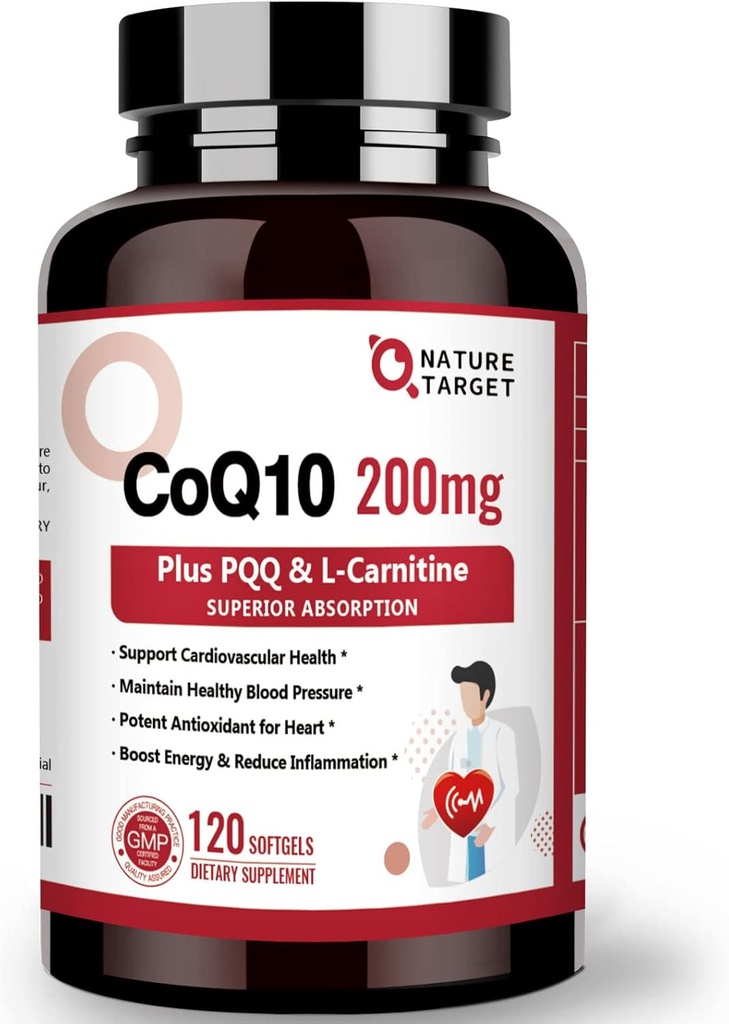 NATUR TARGET CoQ10- 200mg med PQQ L- Carnitin & Omega- 3s, High Absorption Coenzyme- Q10 med BioPerine, Understøtter hjerte og immunsystem, Cellular-Energi- Produktion, 120 Servering