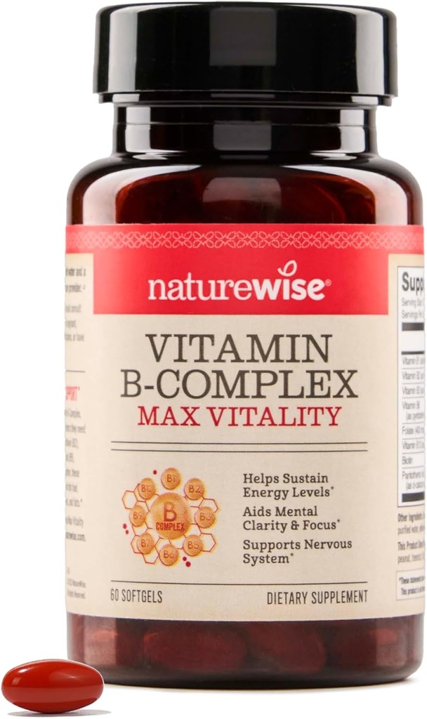 NatureWise vitamin B Complex for kvinder og mænd - med folinsyre biotin B1 B2 B3 B6 B12 - Support Cellular Energy & Mental Clarity - Gluten & Dairy Free, Non- GMO - 60 Softgels [2-måned Supply]