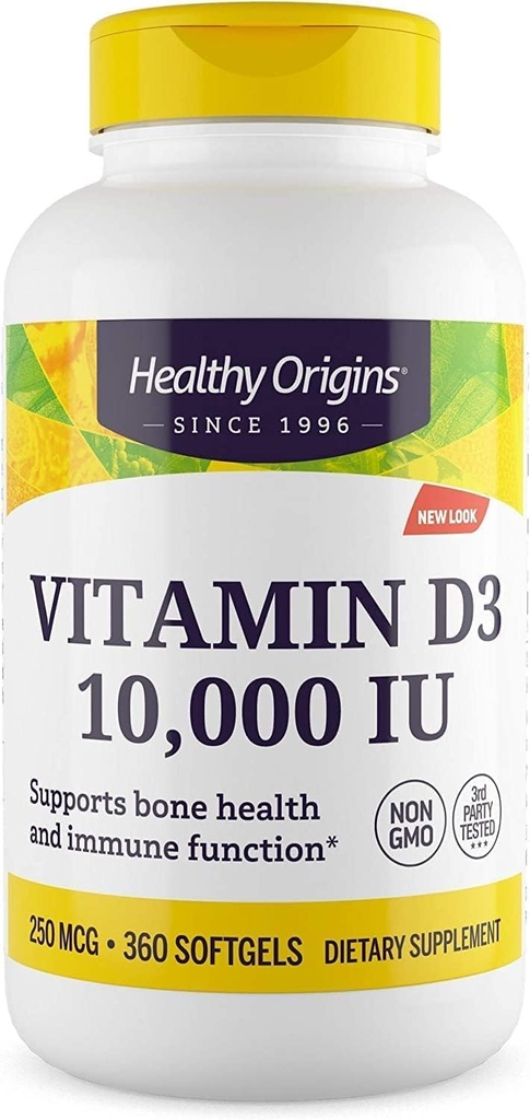Sund oprindelse D3 10. 000 IE vitamin (ikke- GMO, høj potens, benstøtte, immunforsvar, gluten fri), 360 Softgels