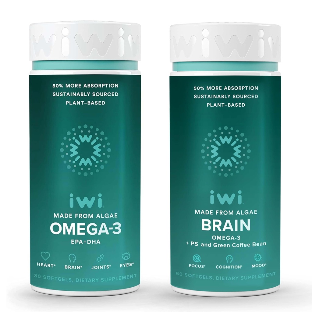 Iwi Omega-3 & Brain Omega-3 Bundle, 30 Servering, Vegan Plant-baseret Alger Omega 3 med EPA + DHA, Krill & Fish Oil Alternative, Ingen Fishy Eftersmag