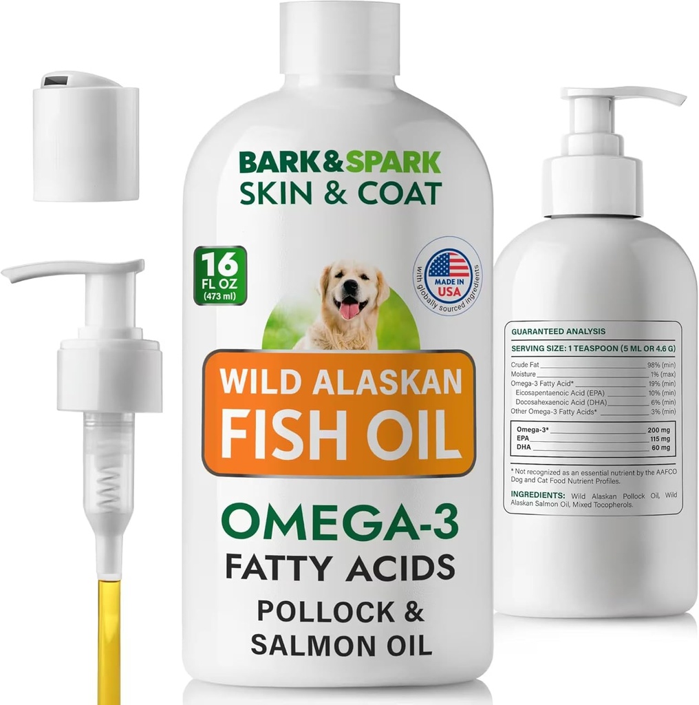 BARK & SPARK Fish Oil for Dogs - Natural Omega- 3- Skin & Coat Support -Flydende kosttilskud til Pets- EPA + DHA Fedtsyrer til fælles funktion, immunforsvar og hjerte sundhed 16 (fl oz) -Sardine & Krill