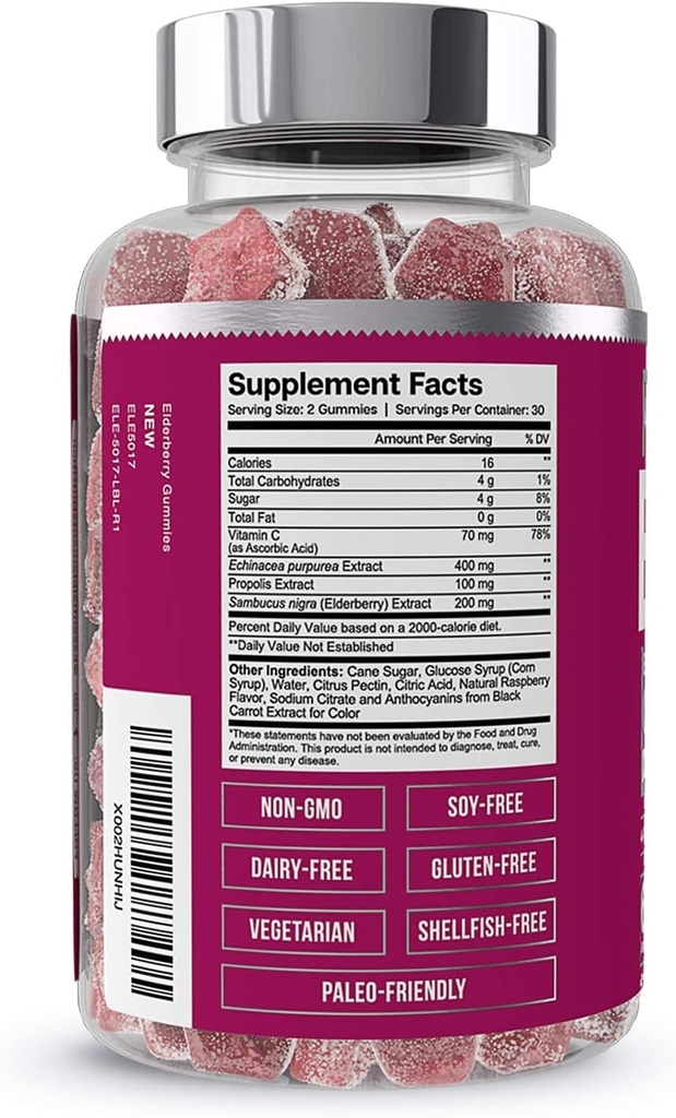 Essentielle elementer Elderberry Gummies for voksne - 4-in-1 immunstøtte Formel med Sambucus nigra, C-vitamin, Echinacea, Propolis Extract 60 Greve