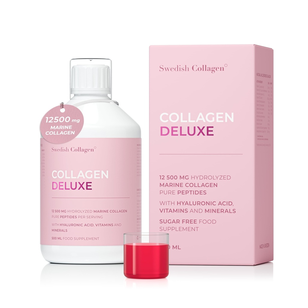 Svensk Collagen Deluxe 12. 4; 12. 500 mg Hydrolyzed Marine Collagen Liquid Supplement - 500 ml, 20 dages forsyning 1. 4; Hyaluronsyre, biotin og C-vitamin til støtte sundt hår, hud, negle 1. 4; sukkerfri
