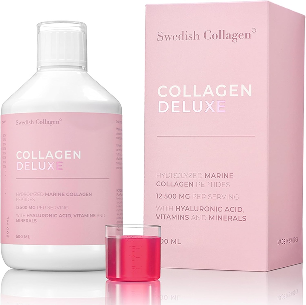 Svensk Collagen Deluxe 12. 4; 12. 500 mg Hydrolyzed Marine Collagen Liquid Supplement - 500 ml, 20 dages forsyning 1. 4; Hyaluronsyre, biotin og C-vitamin til støtte sundt hår, hud, negle 1. 4; sukkerfri