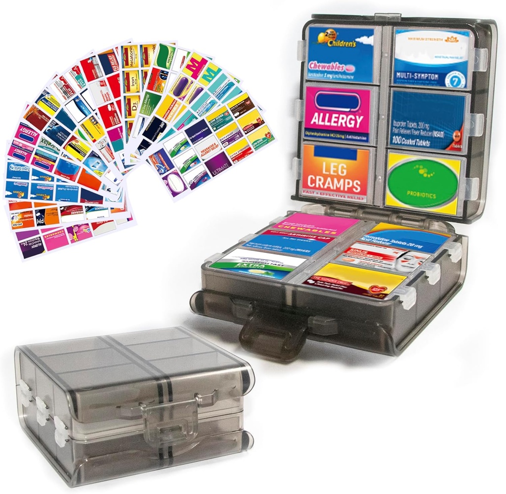 Stor Pill Organizer med Medicine Labels, Pill Dispenser 12- Segment Travel Medication Storage Case, 7-Day Pill Box for Vitamin & Kosttilskud (Grå, 161 Labels)