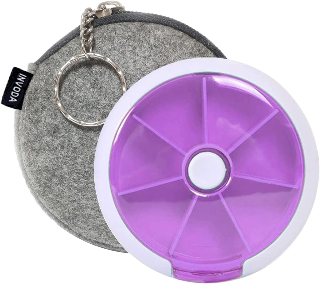 Pill cases Ugentlig INVODA Pill Organizer 7 dag 3 gange medicin Pill dispenser trykknap rotere Pill Planner med 7 kompartmenter (lilla + taske)