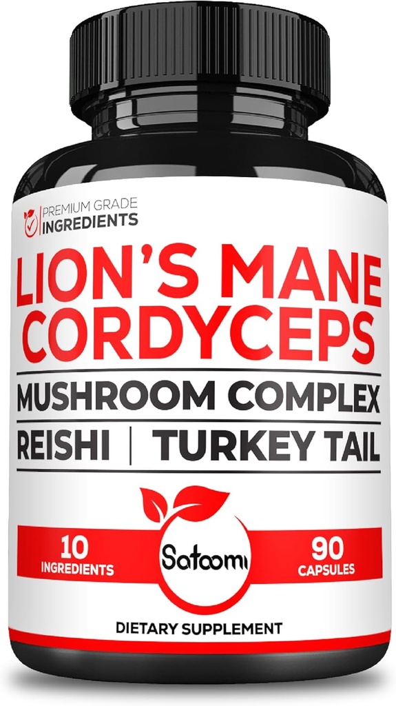 Satoomi 10in1 Cordyceps Mushroom Supplement - Blended with Lions Mane, Turkey Tail Mushroom, Reishi Mushroom & Others - 90 Capsules for 90 Serving Supply