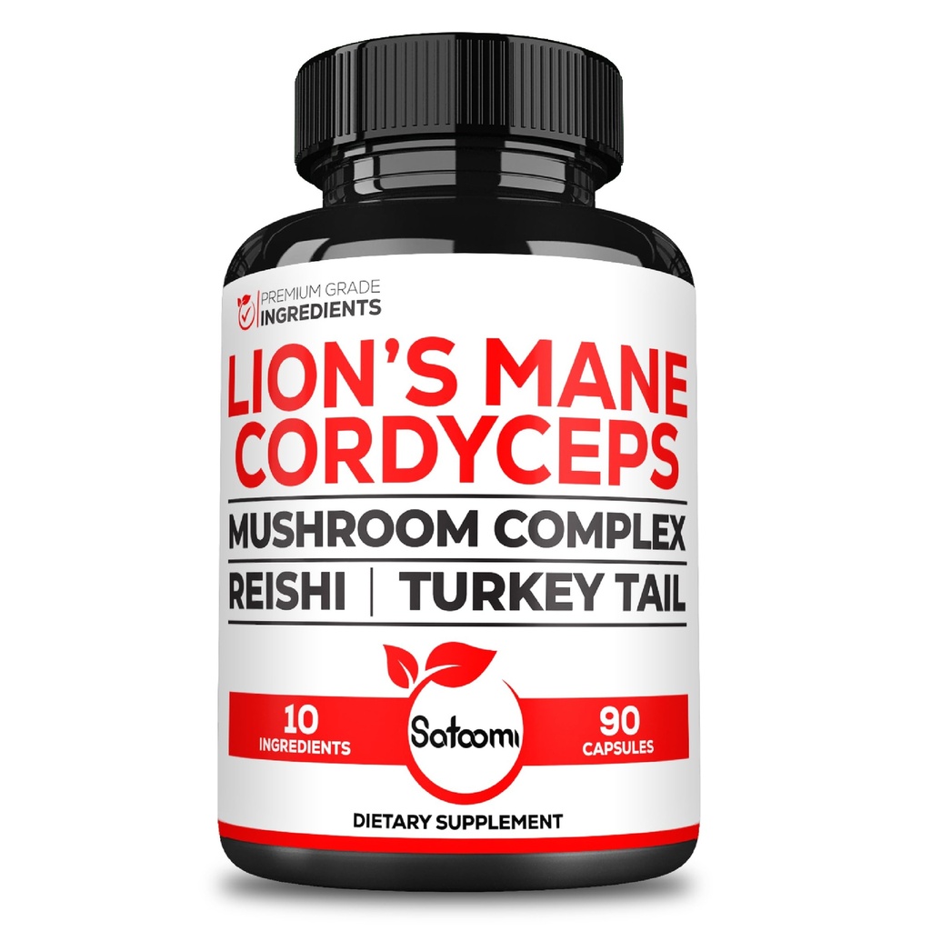 Satoomi 10in1 Cordyceps Mushroom Supplement - Blended with Lions Mane, Tyrkiet Tail Mushroom, Reishi Mushroom & Andre - 90 kapsler til 90 Servering Supply