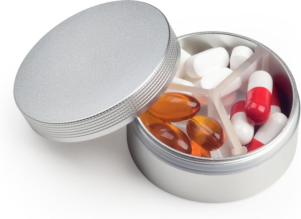 Lille pillekasse 3 afdelinger, Metal Round Portable Pill Box, Vandtæt Rejsepille Organizer, Pocket Purse Medicine Vitamin Holder EDC Container (sølv)