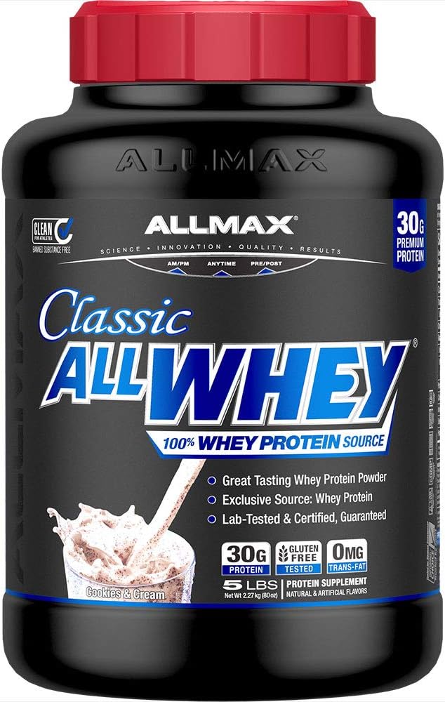ALLMAX Nutrition AllWhey Classic Whey Protein, Gluten Free, 24g Protein per Scoop, Ca. 49 Servering, Cookies & Cream, 5 lbs