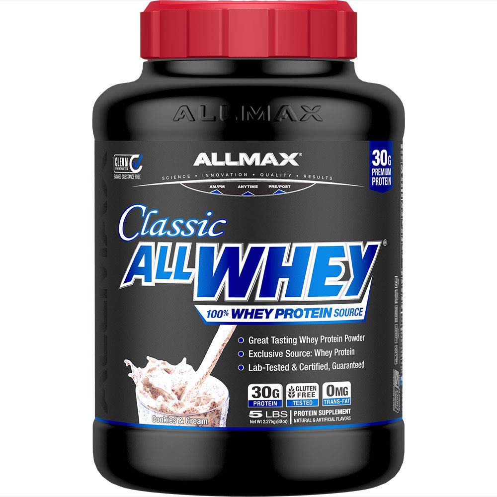 ALLMAX Nutrition AllWhey Classic Whey Protein, Gluten Free, 24g Protein per Scoop, Ca. 49 Servering, Cookies & Cream, 5 lbs
