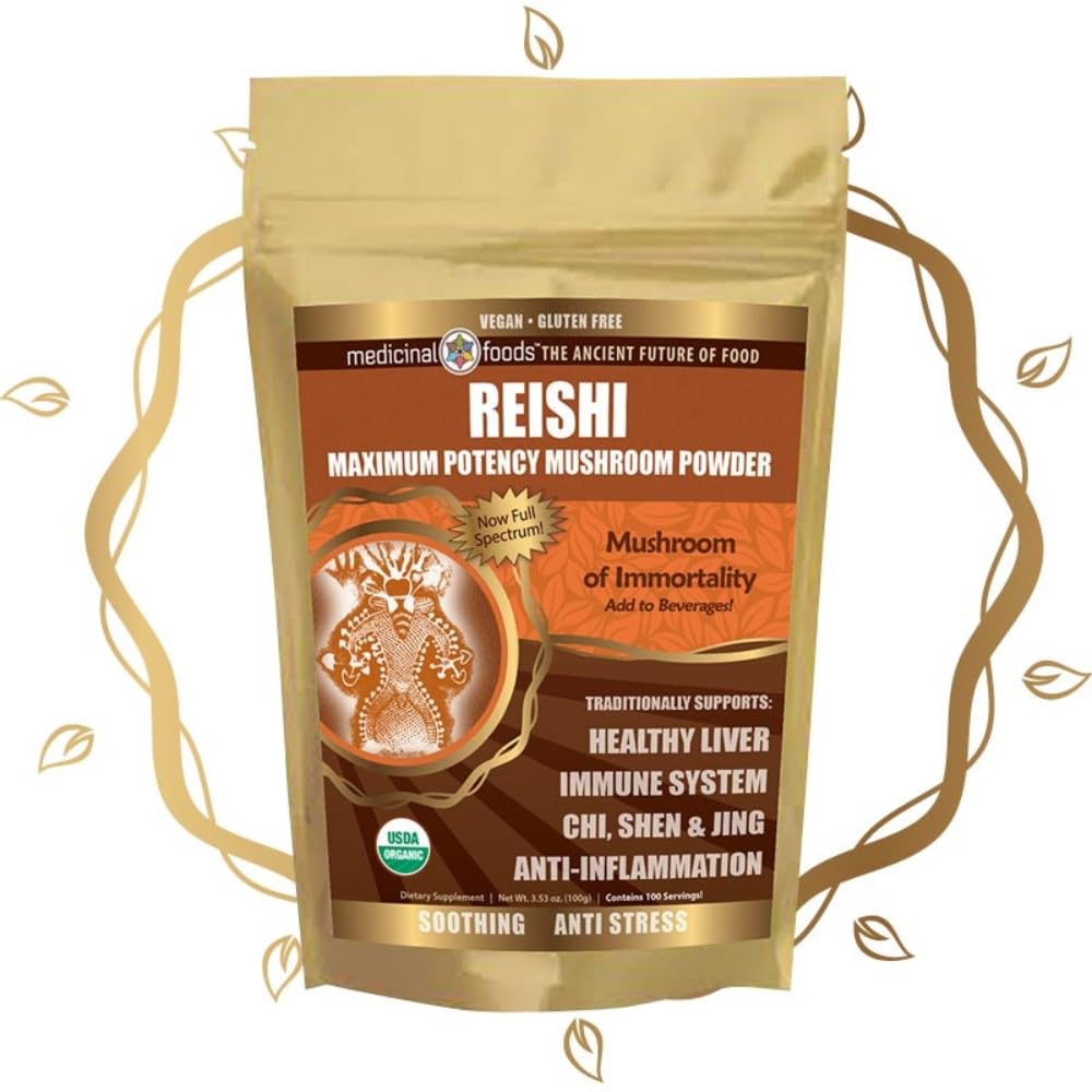 Medicinske fødevarer Reishi Mushroom Powder - Højeste potens, Full- Spectrum, Lindrende, Anti- Stress, For Smoothies & Tea, Organic, Vegan, Non- GMO, Gluten- Free (100 portioner)