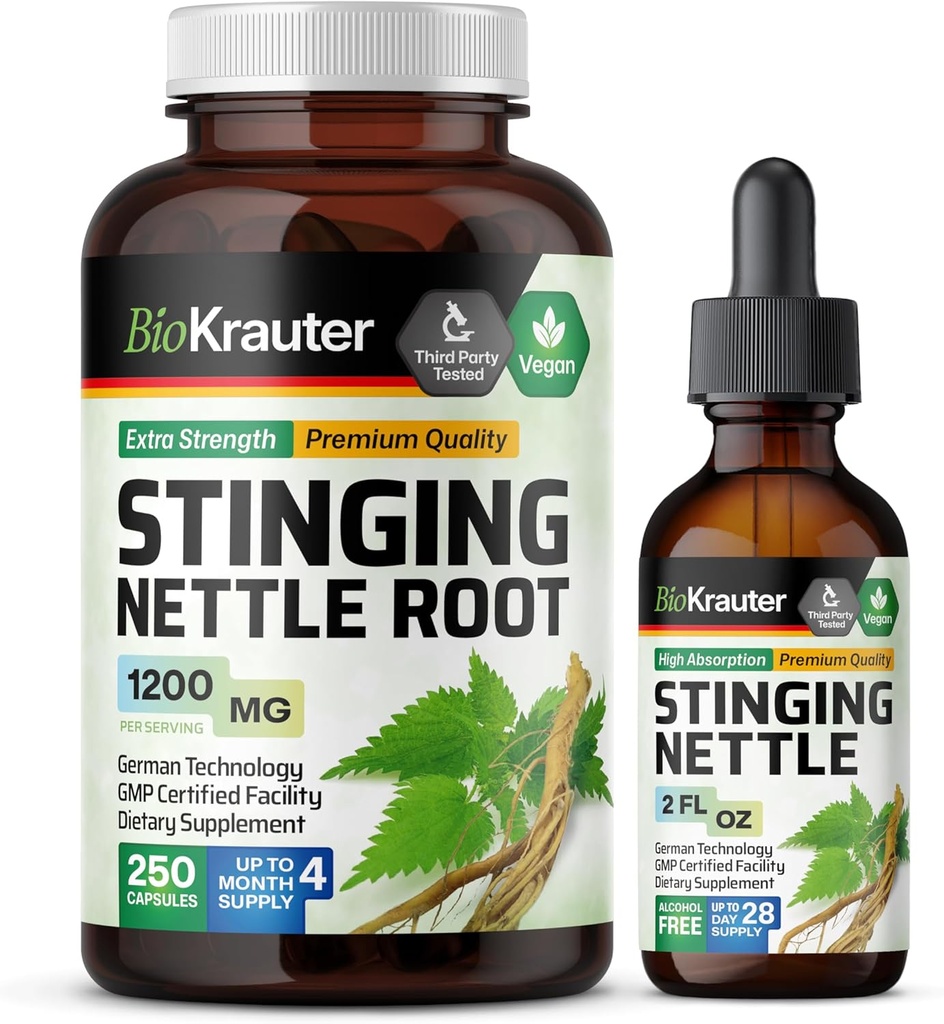 BIO KRAUTER Stinging Nettle 250 Kapsler & Stinging Nettle Tincture 2 Fl. Oz.