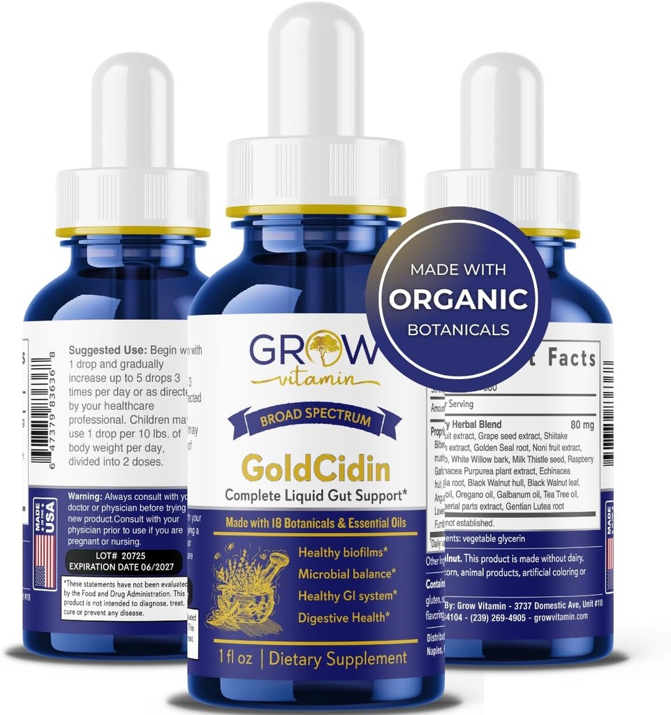 grow vitamin GoldCidin Gut Health Supplement, 18 Botaniske Ekstrakter, Eliminerer Irritants & Biofilaments, Promoces Beneficial Flora, 18 Botanisk & Essential Oil Blend - (1 oz)