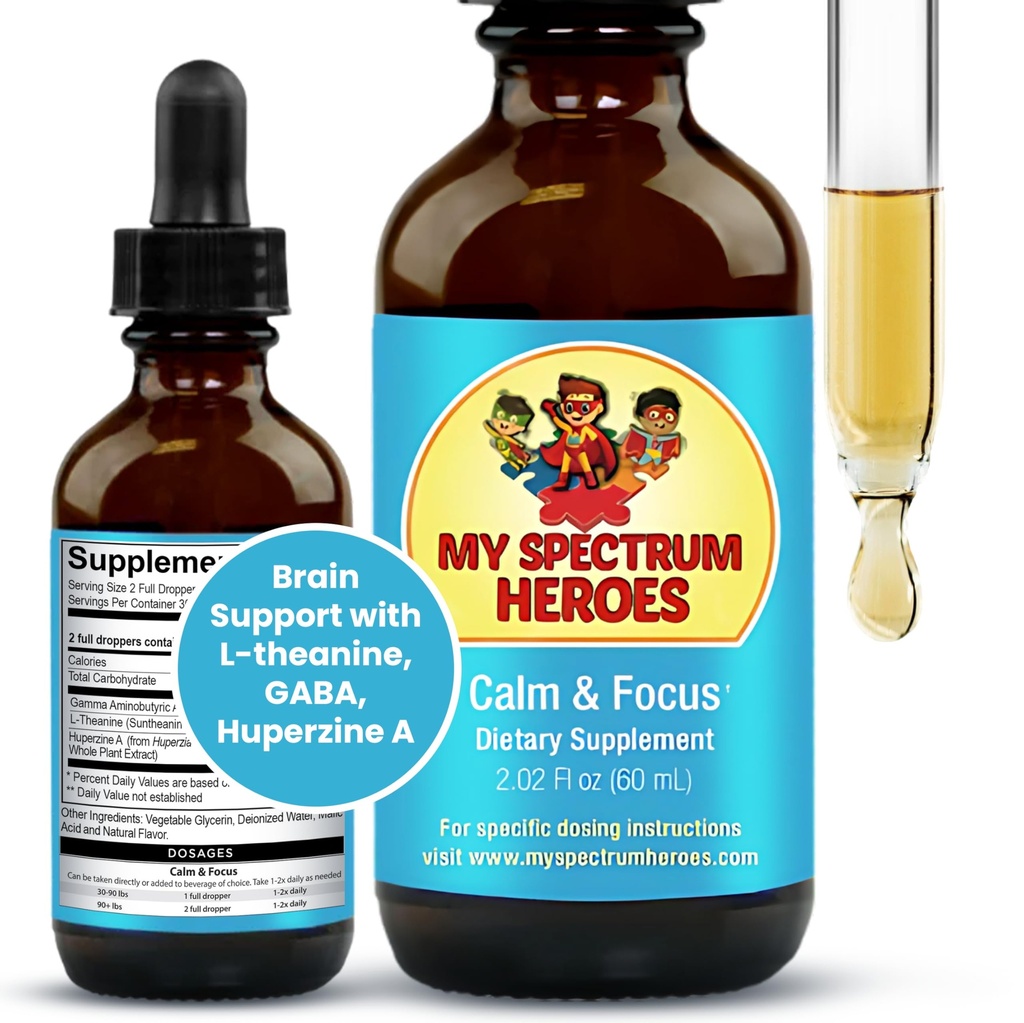 Min Spectrum Heroes Rolig & Focus Supplement Drops - Brain Support med L-theanin, GABA, Huperzine A - Forbedre fokus for børn eller voksne - Boost koncentration for børn & Teens - 2.02 FL oz. (60 ml)