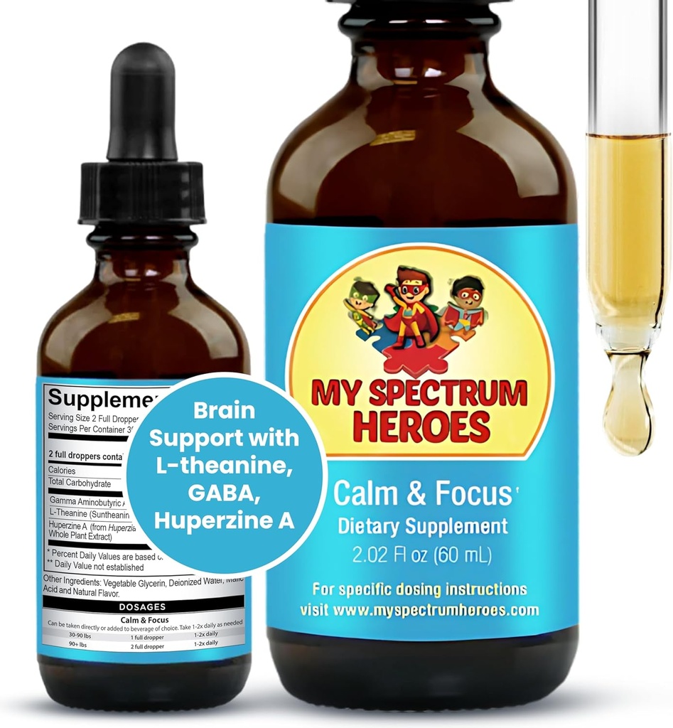 Min Spectrum Heroes Rolig & Focus Supplement Drops - Brain Support med L-theanin, GABA, Huperzine A - Forbedre fokus for børn eller voksne - Boost koncentration for børn & Teens - 2.02 FL oz. (60 ml)