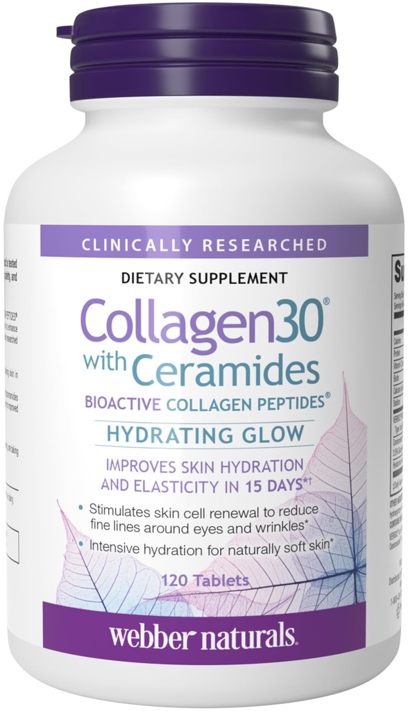 Webber Naturals Collagen 30 with Ceramides, Bioactive Collagen Peptides, 120 Tablets, Hydrating Glow, Helps Improve Skin Hydration, Elasticity & Smoothness, Non GMO, Dairy & Gluten Free