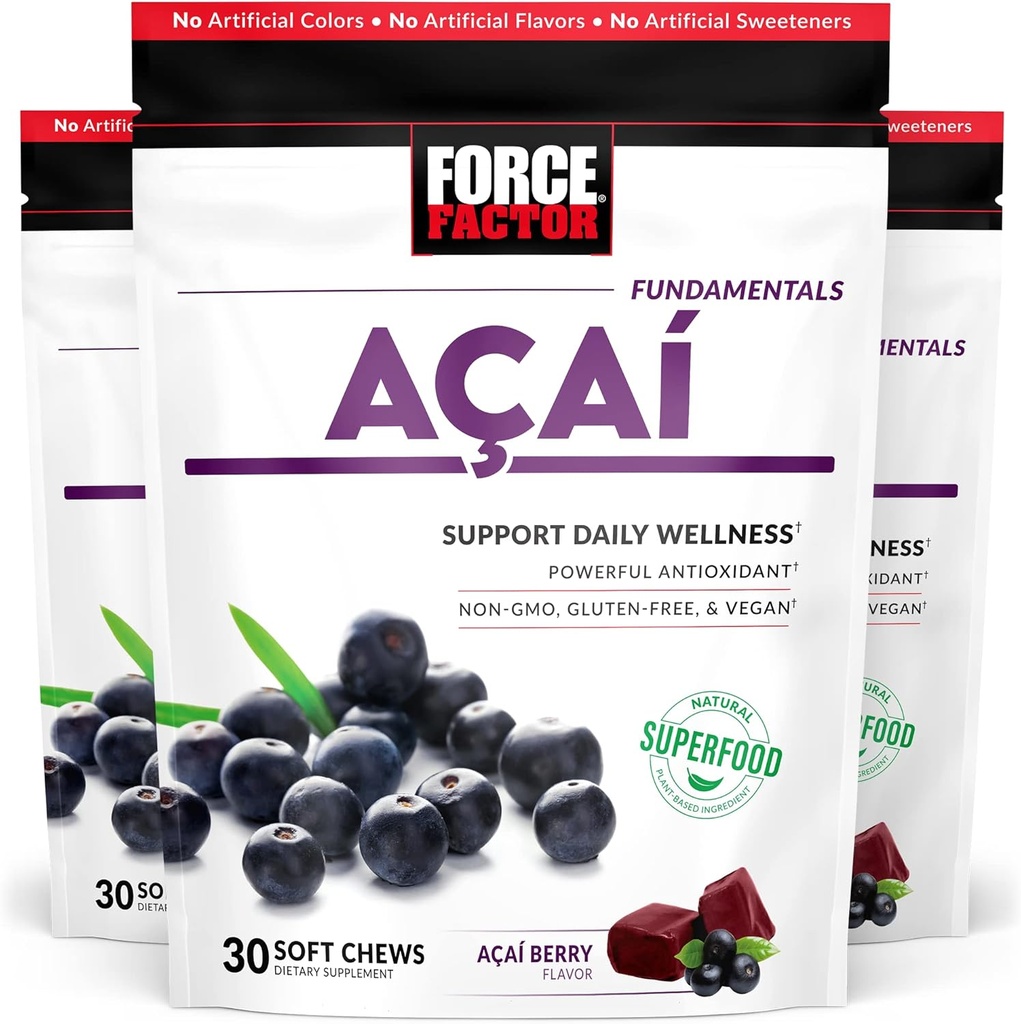 Kraftfaktor Acai Soft Chews for immunforsvar, Oxidative Stress Defense, Superfood og antioxidanter Supplement, Non- GMO, Gluten- fri, og Vegan, Acai Berry Flavor, 30 Soft Chews, 3-Pack