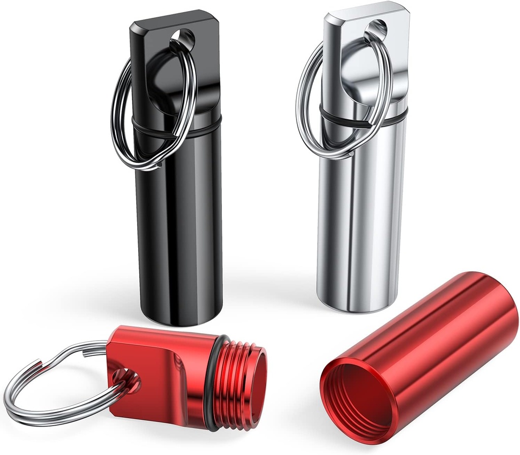 Lille Bærbar Pill Box Keychain (3 Pack), Aluminium Alloy Mini Pill Organizer Case Container for Purse, Vandtæt Metal Pill Holder Medicine Flaske til udendørs Camping Rejser (sort + sølv + rød)