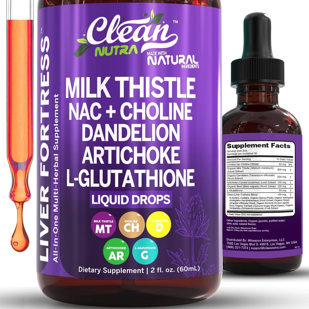 Clean Nutracatives Milk Thistle NAC Lever Cleanse Detox & Repair Supplement Liver Support Liquid Drops med Mælkebøtte Extract, Artiskoke, Chanca Piedra, Cholin, L- Glutathione, Burdock, Schisandra