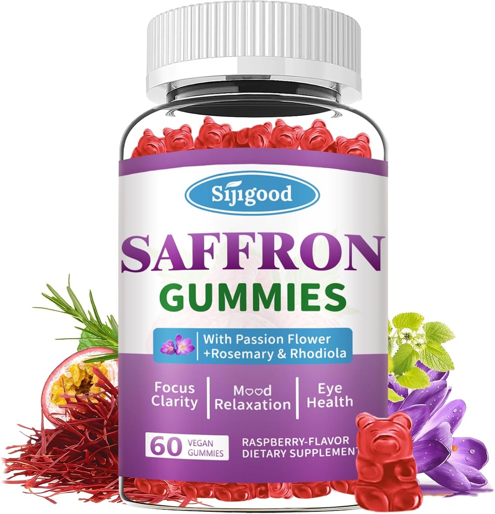 Saffron Gummies - Sugar Free Saffron Supplement for Mænd Kvinder Mood Support Supplement med Saffron Uddrag, Passion Flower, Magnesium & Vitaminer til Afslapning, Fokus, Raspberry Flavor, 60 Greve