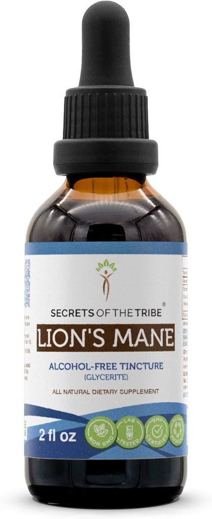 Secrets of the Tribe Lion's Mane Alcohol-Free Tincture Extract, Lion's Mane (Hericium erinaceus) Dried Mushroom Tincture Supplement (2 fl oz)