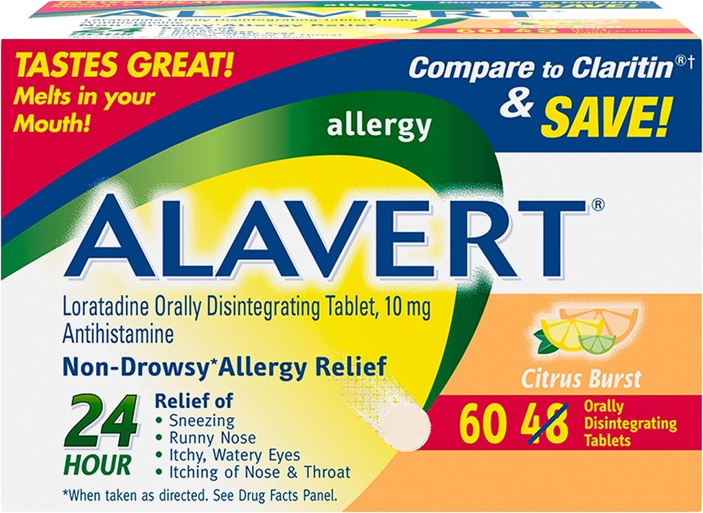 Alavert Allergi 24 timers lindring, Citrus Burst Flavor, Orally disintegration Allergi tabletter, non- døsighed Antihistamin, Loratadine 10mg, 60 Greve
