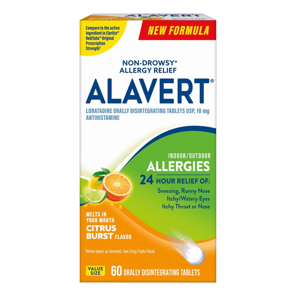 Alavert Allergi 24 timers lindring, Citrus Burst Flavor, Orally disintegration Allergi tabletter, non- døsighed Antihistamin, Loratadine 10mg, 60 Greve