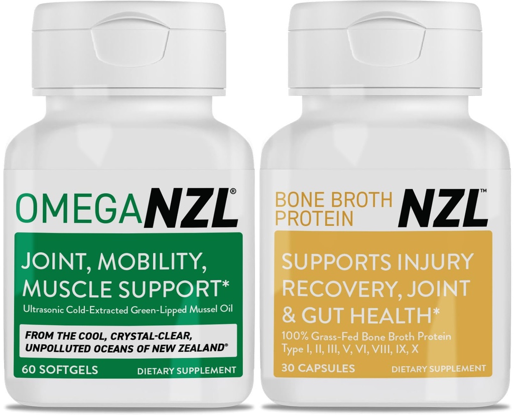 Omega-3 Natural Joint Relief Supplement Natural Muscle Support, Green- Lipped Mussel Oil Joint Support, Ingen Fishy Eftersmag, 60 Softgels Plus en flaske Bone Broth Protein 30 Kapsler