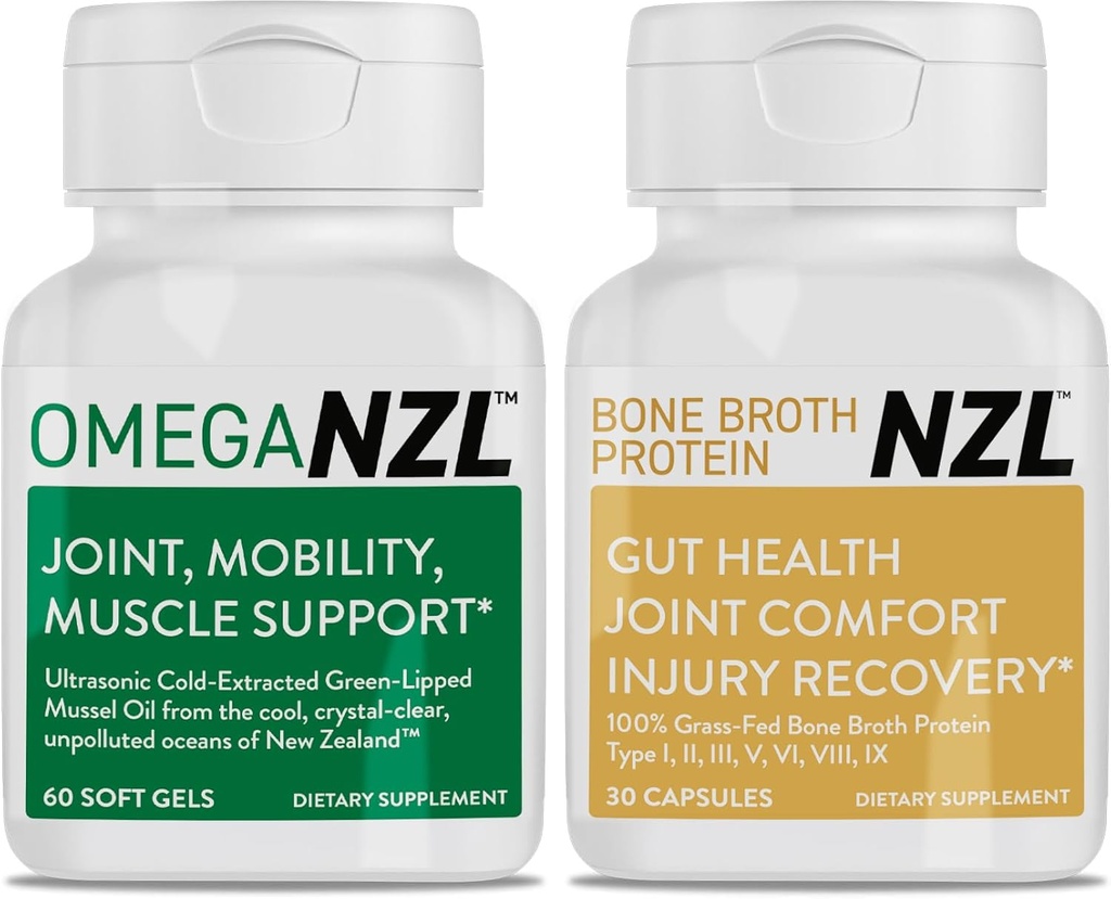Omega-3 Natural Joint Relief Supplement Natural Muscle Support, Green- Lipped Mussel Oil Joint Support, Ingen Fishy Eftersmag, 60 Softgels Plus en flaske Bone Broth Protein 30 Kapsler