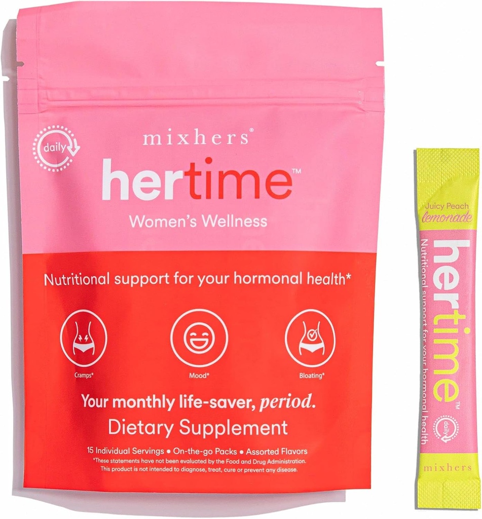 MIXHERS Hertime PMS - Understøtter Hormonal Sundhed for Kvinder - Understøtter en sund menstruationscyklus - med mineraler, Peony Rødder, Sibirisk Ginseng - Sugar- Free - 15 drikke pakker - Peach Lemonade