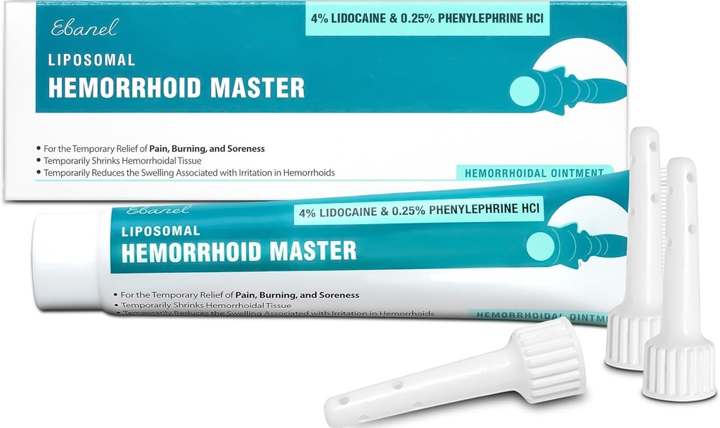 Ebanel 4% Lidocain Hæmorroide Behandling Salve med Phenylephrin, Hydrocortison, Vitaminer B6, D3, E, Zinkoxid, eksterne og interne hæmorider Behandling Burn Itch Smerte Relief Anal Cream