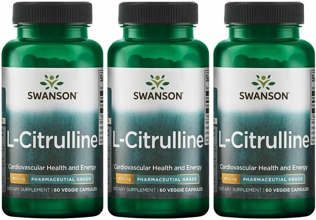 Swanson L- Citrullin - Naturligt supplement til fremme af hjerte-kar-sundhed & energistøtte - Hjælper med at øge cirkulationen - (60 kapsler, 850 mg hver) (3 pakke)