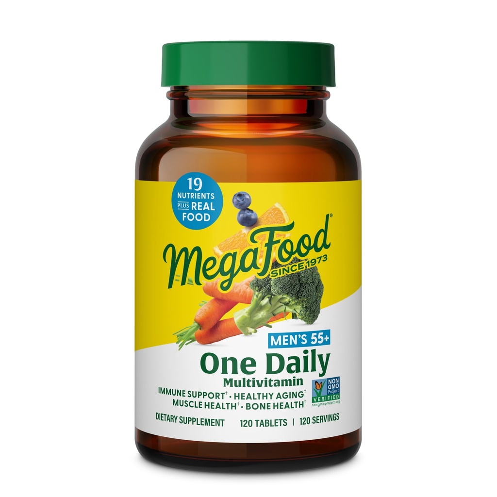 MegaFood Herre55 + One Daily - Multivitamin til mænd med vitamin B12, C, D & Zink - Optimal aging & immunforsvar supplement - Vegetarisk - Lavet uden 9 fødevarer allergener - 120 tabletter
