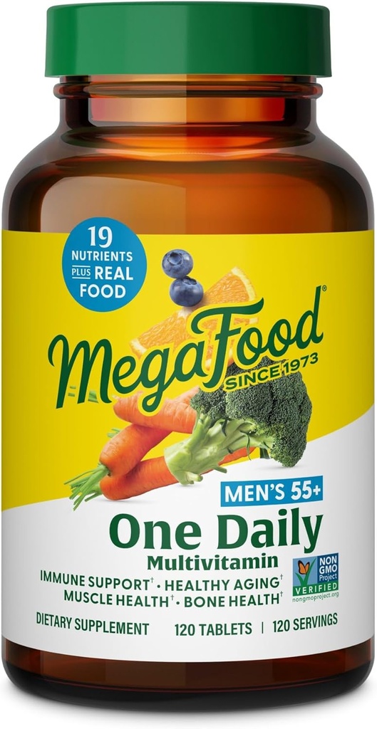 MegaFood Herre55 + One Daily - Multivitamin til mænd med vitamin B12, C, D & Zink - Optimal aging & immunforsvar supplement - Vegetarisk - Lavet uden 9 fødevarer allergener - 120 tabletter