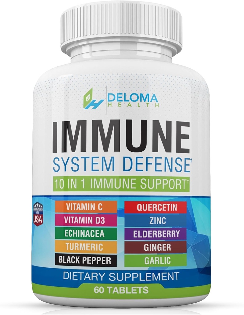 10 i 1 immunsystem Support - C-vitamin (1000 mg), Quercetin, D3- vitamin (5000iu), Zink (40 mg), Elderberry, Echinacea, Gurkemeje, Ingefær, Hvidløg, Sort Pepper