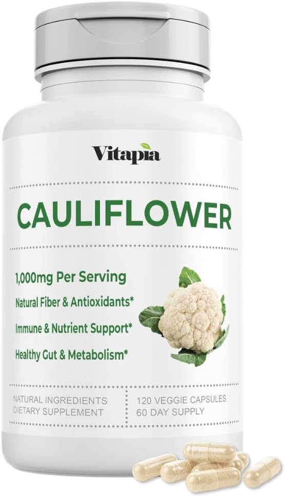 Økologisk Blomkål Superfood Veggies Powder Supplement - Natural Sulforaphane, Vitaminer, Mineraler til fordøjelse, Energi, Antioxidant Support - 120 Vegetabilske kapsler, Non- GMO, Gluten- fri